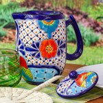 Ceramic coffee pot, 'Raining Flowers' - Hand-Painted Talavera Style Ceramic Coffee Pot from Mexico