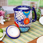 Ceramic coffee pot, 'Raining Flowers' - Hand-Painted Talavera Style Ceramic Coffee Pot from Mexico