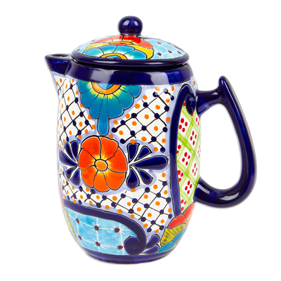 Ceramic coffee pot, 'Raining Flowers' - Hand-Painted Talavera Style Ceramic Coffee Pot from Mexico