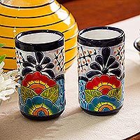 Ceramic tumblers, 'Raining Flowers' (pair) - Hand-Painted Floral Ceramic Tumblers from Mexico (Pair)