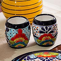 Handmade Talavera Ceramic Juice Glasses from Mexico (Pair),'Raining Flowers'