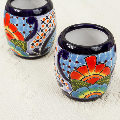 Ceramic juice glasses, 'Raining Flowers' (pair) - Handmade Talavera Ceramic Juice Glasses from Mexico (Pair)