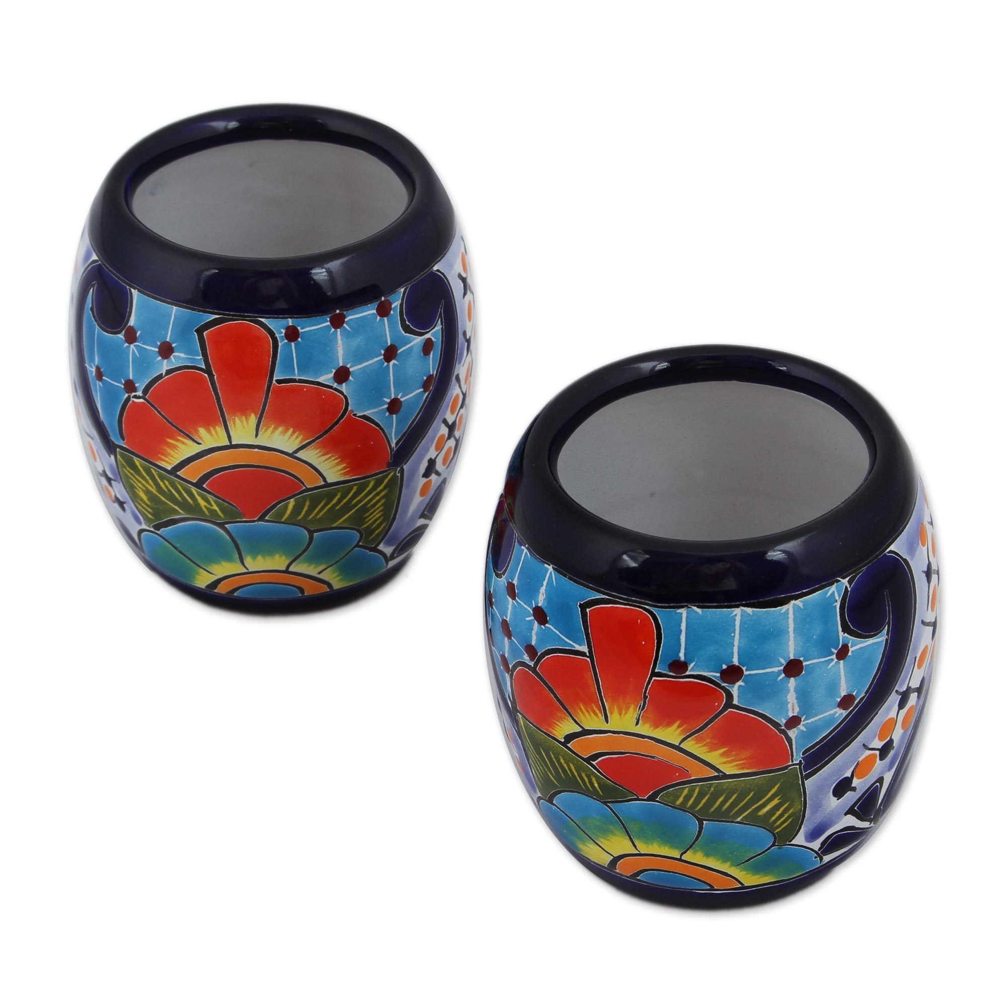 Handmade Talavera Ceramic Juice Glasses from Mexico (Pair) Raining
