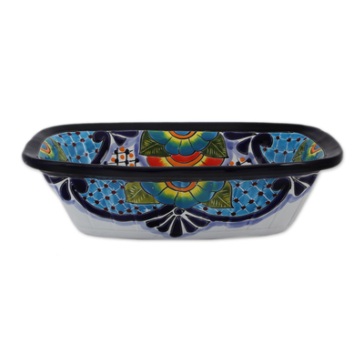 Ceramic serving bowl, 'Raining Flowers' - Hand-Painted Talavera Ceramic Serving Bowl from Mexico