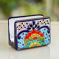 Ceramic napkin holder, 'Raining Flowers' - Hand-Painted Talavera Ceramic Napkin Holder from Mexico