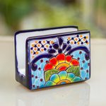 Ceramic napkin holder, 'Raining Flowers' - Hand-Painted Talavera Ceramic Napkin Holder from Mexico