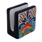 Ceramic napkin holder, 'Raining Flowers' - Hand-Painted Talavera Ceramic Napkin Holder from Mexico
