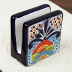 Ceramic napkin holder, 'Raining Flowers' - Hand-Painted Talavera Ceramic Napkin Holder from Mexico