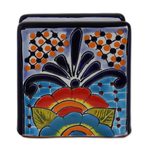 Ceramic napkin holder, 'Raining Flowers' - Hand-Painted Talavera Ceramic Napkin Holder from Mexico