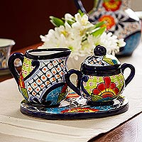 Ceramic creamer and sugar bowl set, 'Raining Flowers' (3 pieces) - Talavera Ceramic Creamer and Sugar Bowl Set (3 Pieces)