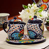 Ceramic creamer and sugar bowl set, 'Raining Flowers (5 piece) - Ceramic Creamer and Sugar Bowl Set from Mexico (5 Piece)