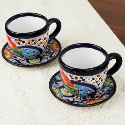 Ceramic cups and saucers, 'Raining Flowers' (set for 2) - Talavera Style Ceramic Cups and Saucers from Mexico (Pair)