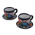 Ceramic cups and saucers, 'Raining Flowers' (set for 2) - Talavera Style Ceramic Cups and Saucers from Mexico (Pair)