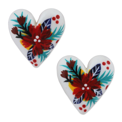 Heart-Shaped Floral Porcelain Button Earrings from Mexico