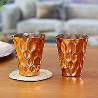 Copper tumblers, 'Hexagon Gleam' (pair) - Hexagon Pattern Copper Tumblers from Mexico (Pair)