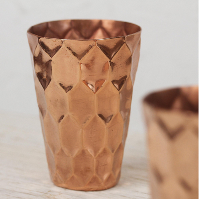 Copper tumblers, 'Hexagon Gleam' (pair) - Hexagon Pattern Copper Tumblers from Mexico (Pair)
