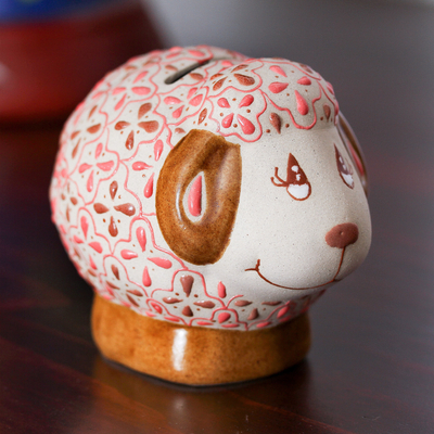 Monedero de cerámica, 'Sheepish' - Hucha de cerámica con motivos florales marfil y rosa