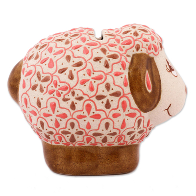 Hucha de cerámica - Hucha Oveja Cerámica Motivo Floral Marfil y Rosa