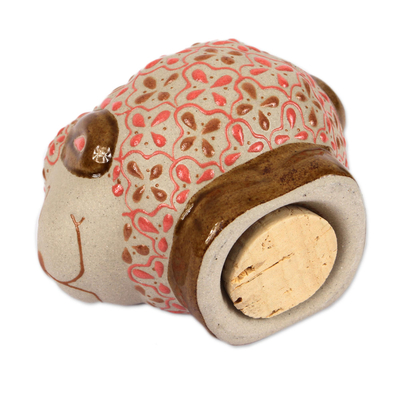Monedero de cerámica, 'Sheepish' - Hucha de cerámica con motivos florales marfil y rosa