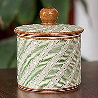 Hand Crafted Indonesian Brown Terracotta Jar and Lid - Cloud Bamboo Frog