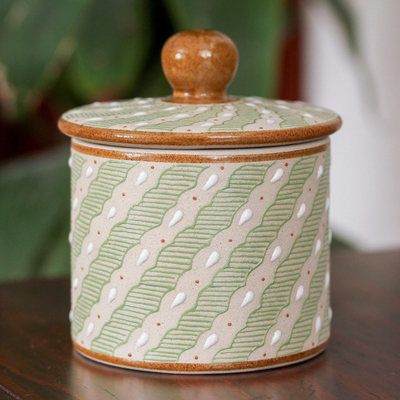 Ceramic decorative jar, 'Cloud Crossing in Green' - Green Striped Ceramic Cylindrical Decorative Jar