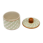 Ceramic decorative jar, 'Cloud Crossing in Green' - Green Striped Ceramic Cylindrical Decorative Jar