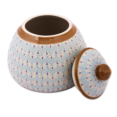 Ceramic decorative jar, 'Chevron Tears' - Blue Chevron Motif Ceramic Round Decorative Jar