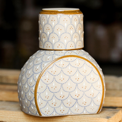 Jarra de cerámica con taza, (juego de 2 piezas) - Jarra de cerámica gris y beige con tapa de taza (juego de 2 piezas)