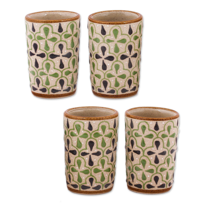 Keramische Tequila-Tassen, 'Dawn and Dale' (4er-Set) - Keramik-Tequila-Tassen mit grünen und grauen Blumenmotiven (4er-Set)