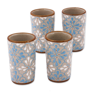 Tequilabecher aus Keramik, (4er-Set) - Blau-weißer Tequila-Becher aus Keramik mit Blumenmotiv (4er-Set)