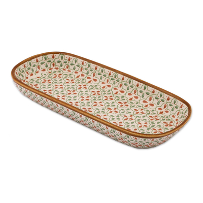 Ceramic dish, 'Marigold Meadow' - Handcrafted Green and Brown Floral Motif Ceramic Dish