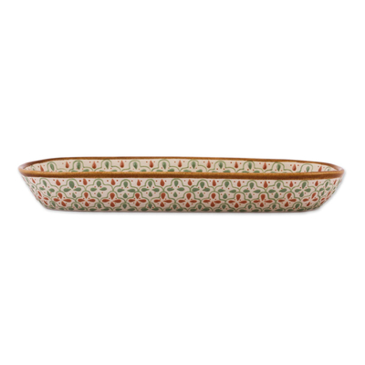 Ceramic dish, 'Marigold Meadow' - Handcrafted Green and Brown Floral Motif Ceramic Dish