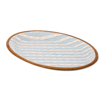 Ceramic platter, 'Cloud Crossing in Blue' - Handcrafted Blue and Ivory Striped Ceramic Platter