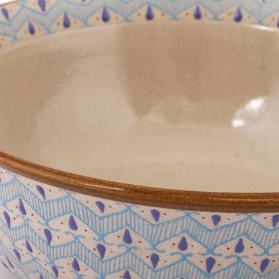 Ceramic serving bowl, 'Chevron Tears' - Handcrafted Blue Chevron Motif Ceramic Salad or Serving Bowl