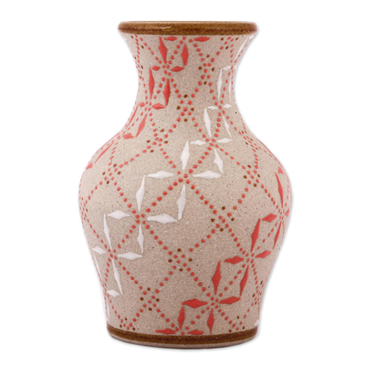 Ceramic vase, 'Windmill Trellis' - Paprika Red and Warm White Trellis Motif Ceramic Flower Vase