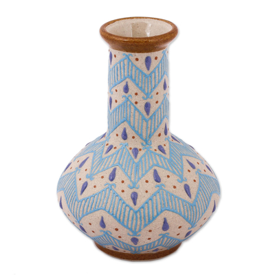 Ceramic vase, 'Chevron Tears' - Handcrafted Blue and Ivory Chevron Motif Ceramic Flower Vase