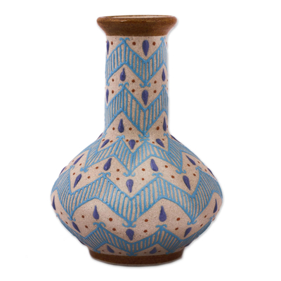 Ceramic vase, 'Chevron Tears' - Handcrafted Blue and Ivory Chevron Motif Ceramic Flower Vase