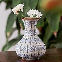 Ceramic vase, 'Web of Dew' - Handcrafted Blue and Grey Patterned Ceramic Flower Vase