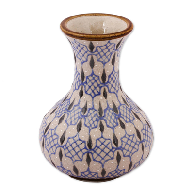 Keramische Vase, 'Web of Dew - Handgefertigte Blumenvase aus Keramik mit blauen und grauen Mustern