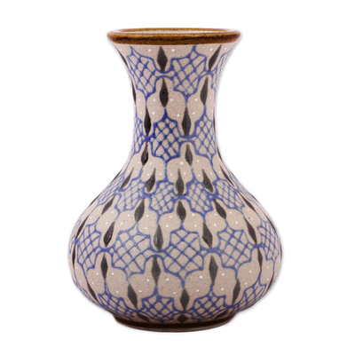 Ceramic vase, 'Web of Dew' - Handcrafted Blue and Grey Patterned Ceramic Flower Vase