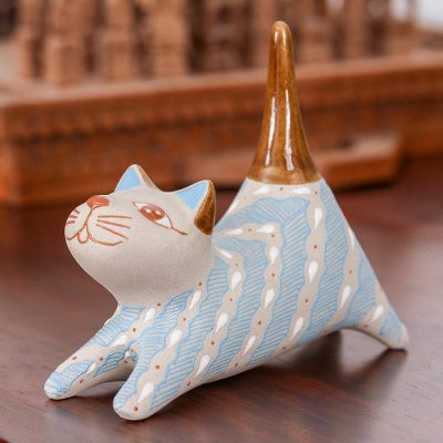 Ceramic ring holder, 'Cloud Crossing Cat' - Handcrafted Blue and Ivory Striped Ceramic Cat Ring Holder