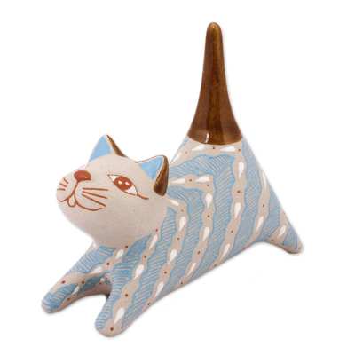 Handcrafted Blue and Ivory Striped Ceramic Cat Ring Holder