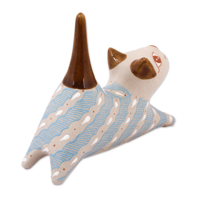 Ceramic ring holder, 'Cloud Crossing Cat' - Handcrafted Blue and Ivory Striped Ceramic Cat Ring Holder