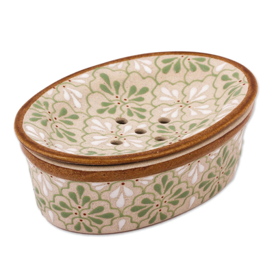Handcrafted Green and White Floral Motif Ceramic Soap Dish