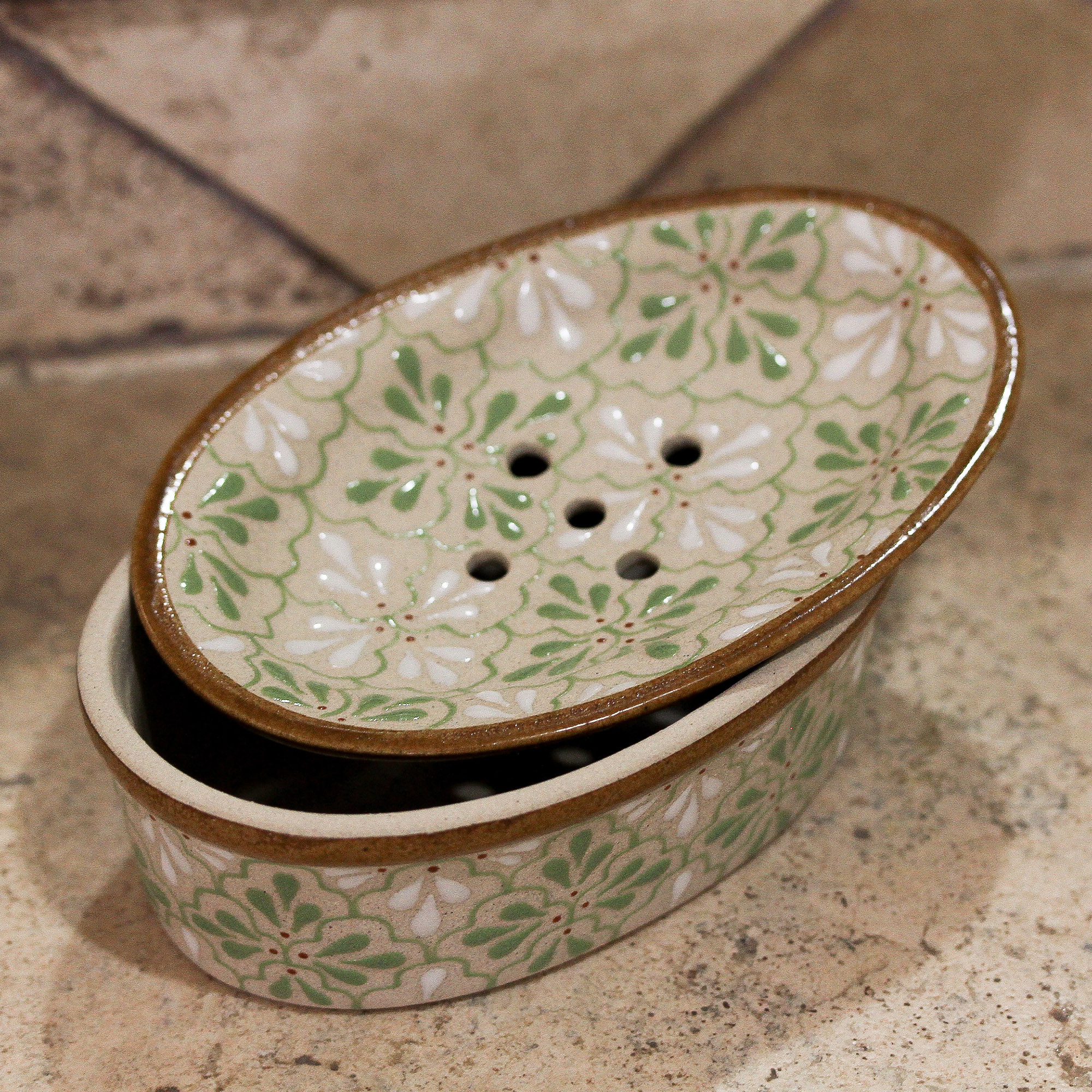 UNICEF Market | Handcrafted Green and White Floral Motif Ceramic Soap ...