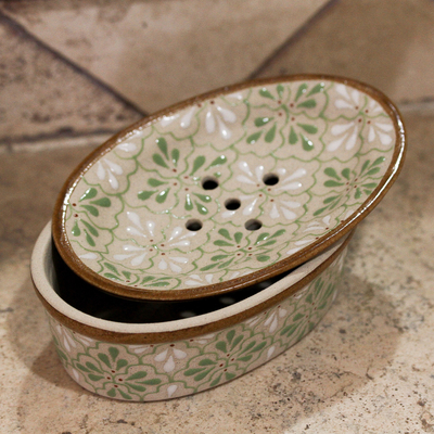 Ceramic soap dish, 'Sweet Meadow' - Handcrafted Green and White Floral Motif Ceramic Soap Dish