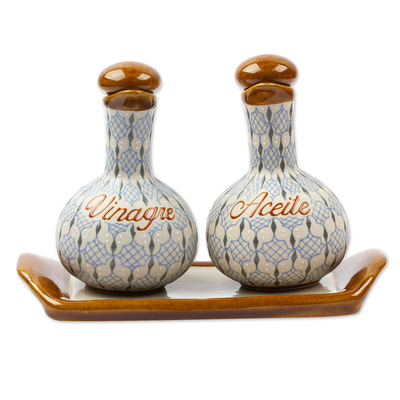 Ceramic oil and vinegar set, 'Web of Dew' (3-piece set) - Blue and Grey Ceramic Oil and Vinegar 3-Piece Set with Tray