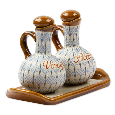 Ceramic oil and vinegar set, 'Web of Dew' (3-piece set) - Blue and Grey Ceramic Oil and Vinegar 3-Piece Set with Tray