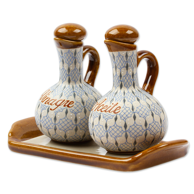 Öl- und Essig-Set aus Keramik, (3-teiliges Set) - 3-teiliges Öl- und Essig-Set aus blauer und grauer Keramik mit Tablett