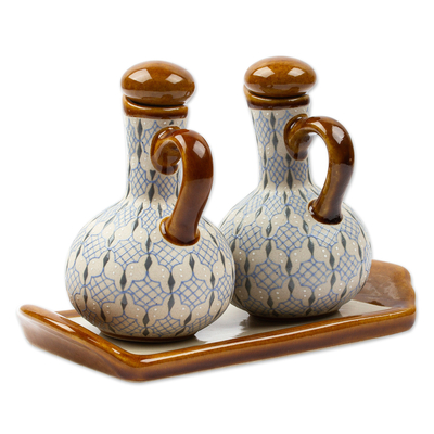 Juego de aceite y vinagre de cerámica, (juego de 3 piezas) - Juego de 3 piezas de aceite y vinagre de cerámica azul y gris con bandeja
